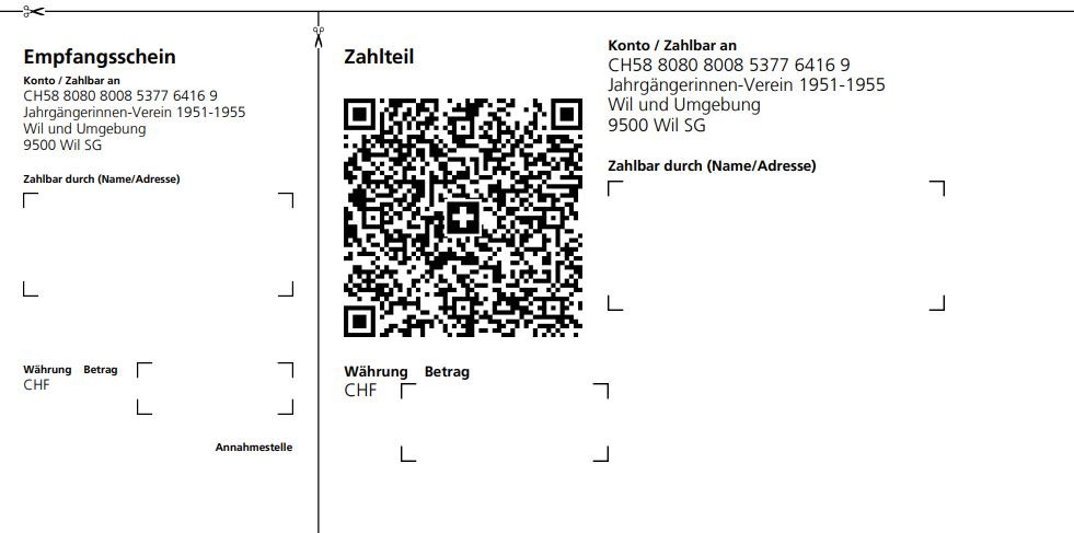 Einzahlungsschein des Vereins mit scannbarem QR-Code, Konto CH58 8080 8008 5377 6416 9
