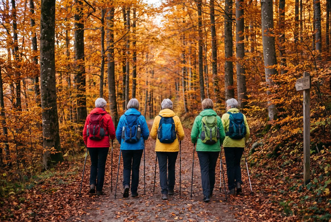 Wandergruppe mit Rucksäcken auf einem Waldweg im Herbst